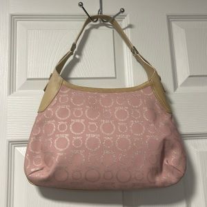 Ferragamo pink Gancini canvas/leather gold tone hardware. Shoulder monogram bag
